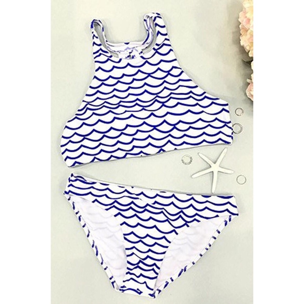 White and blue wave/scalloped print bikini set
